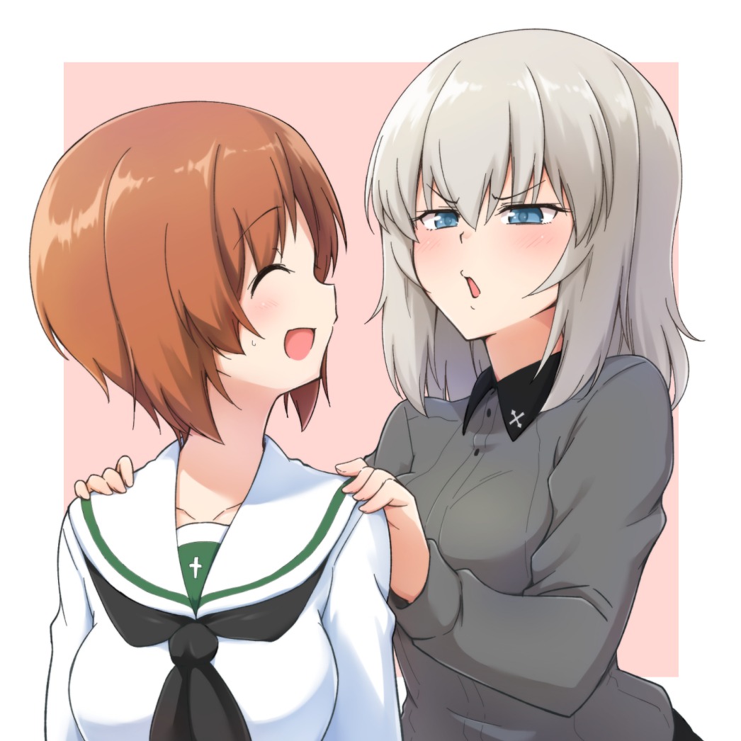 2girls bangs black_neckwear blouse blue_eyes blush brown_eyes brown_hair commentary dress_shirt eyebrows_visible_through_hair facing_another girls_und_panzer grey_shirt half-closed_eyes hands_on_another's_shoulders insignia itsumi_erika kuromorimine_school_uniform long_sleeves looking_at_another looking_back medium_hair multiple_girls nagomiya_(shousha) neckerchief nishizumi_miho ooarai_school_uniform outside_border pink_background school_uniform serafuku shirt short_hair silver_hair simple_background sweatdrop white_blouse