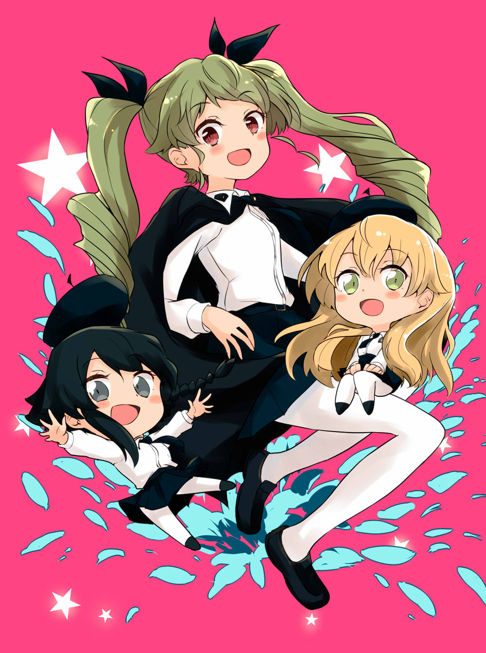 :d anchovy_(girls_und_panzer) anzio_school_uniform bangs barashiya beret black_cape black_eyes black_footwear black_hair black_headwear black_neckwear black_ribbon black_skirt blonde_hair braid cape carpaccio_(girls_und_panzer) chibi commentary copyright_name dress_shirt drill_hair emblem eyebrows_visible_through_hair floating girls_und_panzer green_eyes green_hair hair_ribbon hat highres loafers long_hair long_sleeves looking_at_viewer miniskirt necktie open_mouth outstretched_arms pantyhose pepperoni_(girls_und_panzer) pink_background pleated_skirt red_eyes ribbon school_uniform shirt shoes short_hair side_braid skirt smile spread_arms star twin_drills twintails white_legwear white_shirt