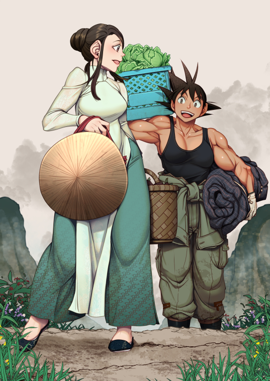 1boy 1girl ajirogasa arm_up basket black_hair black_tank_top boots breasts cabbage chi-chi_(dragon_ball) dragon_ball dragon_ball_(classic) dress fog gloves grass hair_bun harumaki hat holding lettuce long_sleeves looking_at_another looking_back medium_breasts medium_hair mountain muscle open_mouth outdoors overalls pants pelvic_curtain shoes short_hair smile son_gokuu spiky_hair standing tank_top upper_teeth vietnamese_dress walking white_gloves