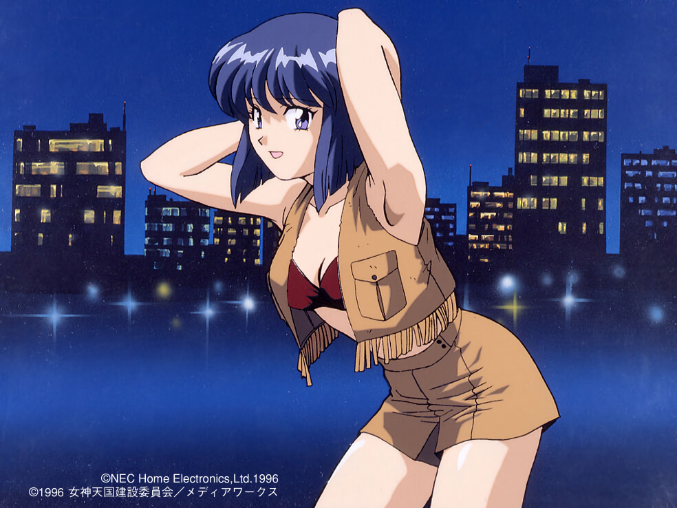 1990s_(style) 1girl armpits arms_behind_head arms_up bandeau black_eyes black_hair bob_cut city copyright copyright_name cowboy_shot cropped_jacket dated fringe_trim leaning_forward megami_paradise night official_art open_mouth outdoors rouge_(megami_paradise) short_hair shorts sleeveless sleeveless_jacket solo