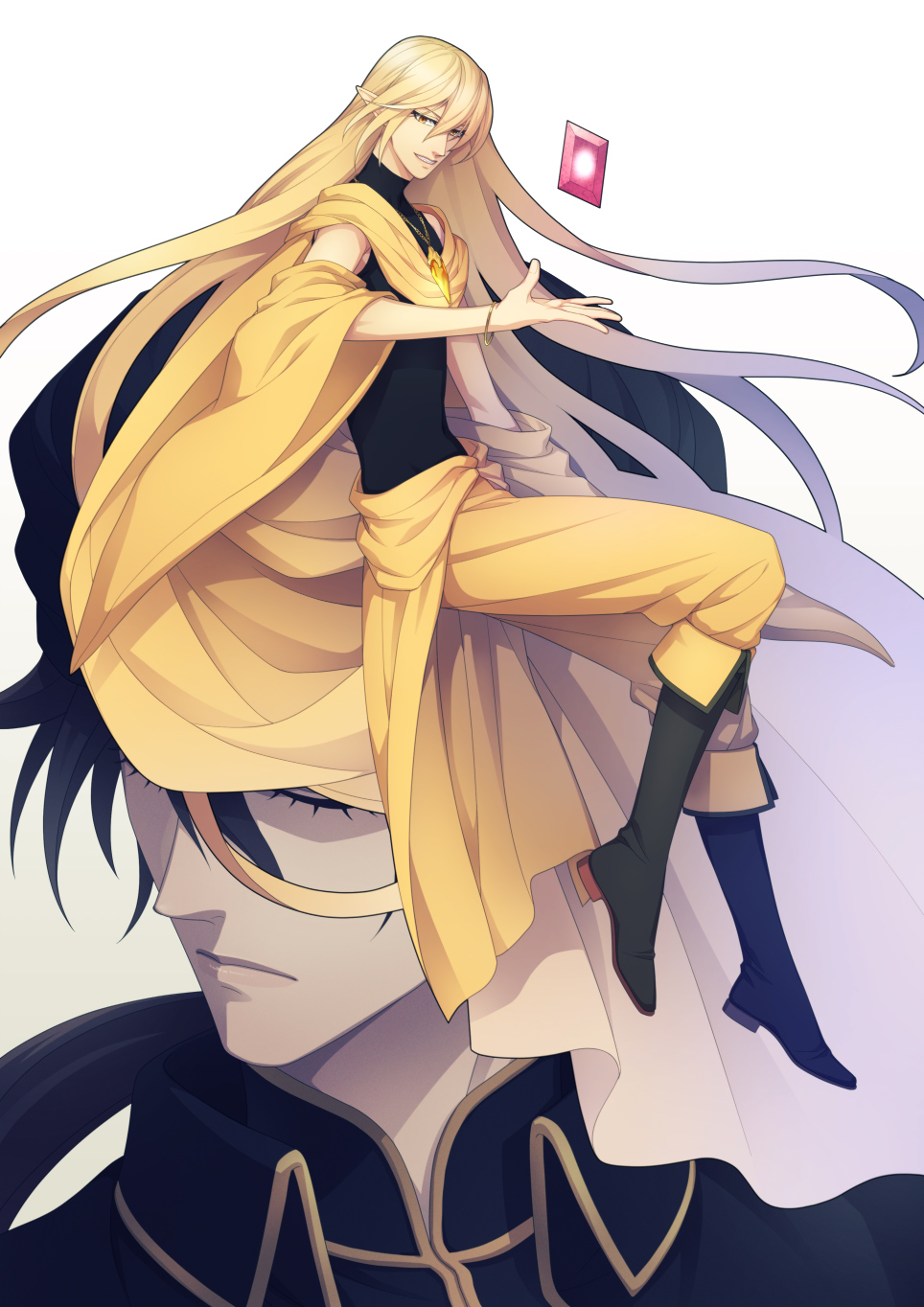 2boys black_footwear black_hair blonde_hair boots cape closed_eyes golden_emperor_shara highres invisible_chair knee_boots long_hair multiple_boys pixiv_fantasia pixiv_fantasia_age_of_starlight pointy_ears ponytail shima108 simple_background sitting sleeveless very_long_hair yellow_cape