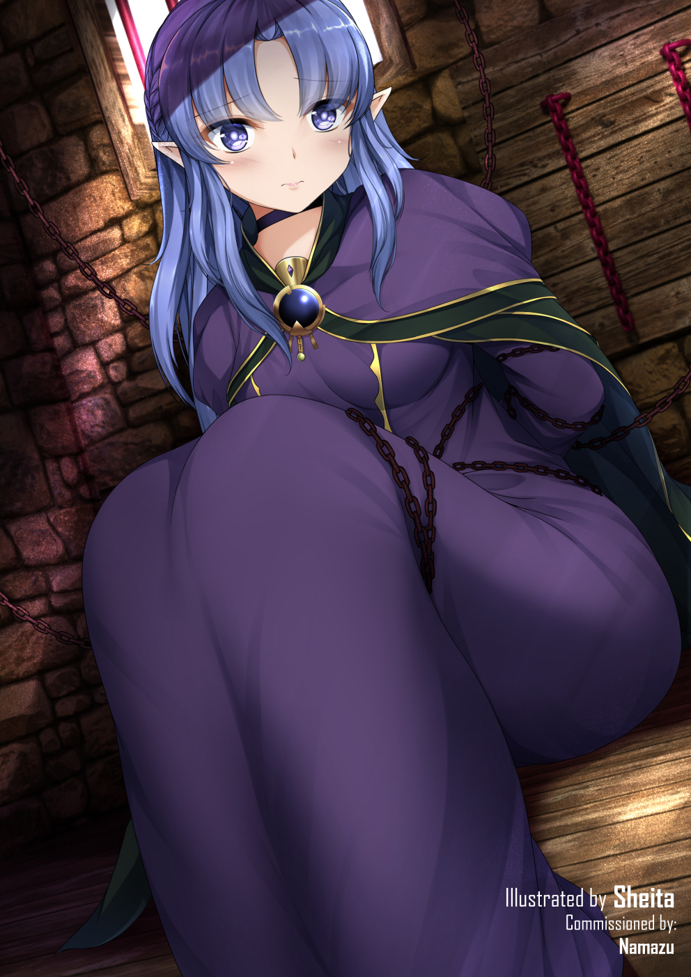 1girl arms_behind_back artist_name barred_window bound bound_torso breasts bush cape caster chain collar commission dress dungeon eyebrows_visible_through_hair fate/stay_night fate_(series) highres indoors knees_up looking_at_viewer medium_breasts ornament pointy_ears purple_dress purple_hair sheita sitting solo stone_wall violet_eyes wall
