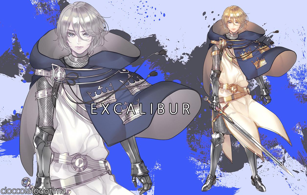 1boy armor artist_name blonde_hair blue_background blue_cape cape character_name closed_mouth excalibur holding holding_sword holding_weapon male_focus original personification plate_armor rosel-d solo sword touken_ranbu weapon zoom_layer