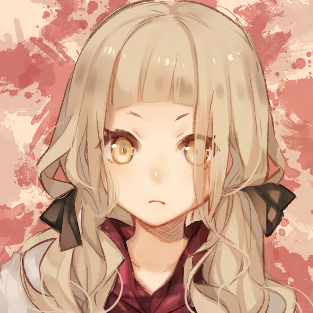 1girl bangs black_bow blonde_hair blood blood_splatter blunt_bangs bow closed_mouth eyes_visible_through_hair frown hair_bow jacket little_red_riding_hood_(sinoalice) long_hair looking_at_viewer reality_arc_(sinoalice) serious sinoalice solo teroru twintails upper_body wavy_hair yellow_eyes