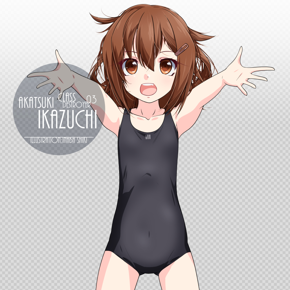 1girl artist_name ass_visible_through_thighs black_swimsuit brown_eyes brown_hair character_name checkered checkered_background commentary_request cowboy_shot flat_chest gradient gradient_background hair_ornament hairclip ikazuchi_(kantai_collection) inaba_shiki kantai_collection new_school_swimsuit open_mouth outstretched_arms round_teeth school_swimsuit short_hair solo swimsuit teeth upper_teeth