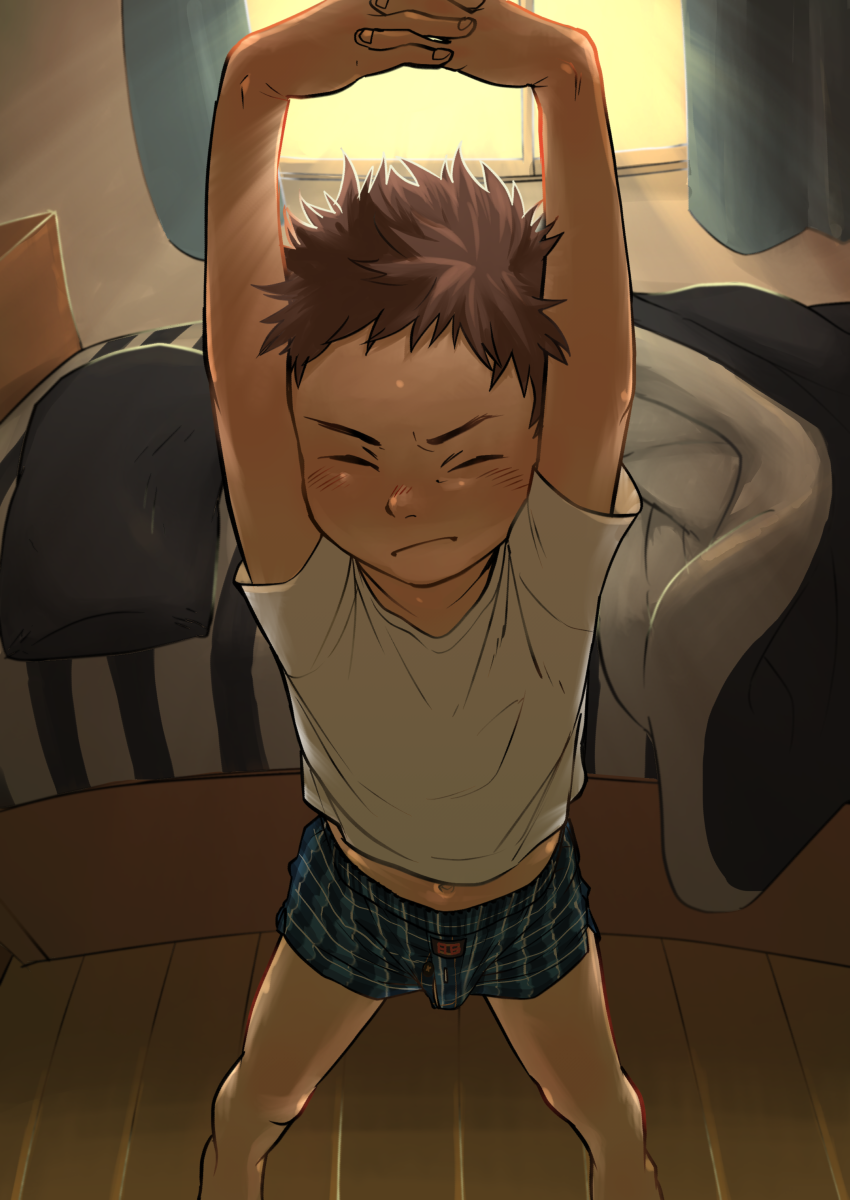 1boy a-roku_(eeroku) barefoot bed blush boxers brown_hair closed_eyes from_above highres male_focus morning original plaid shirt solo stretch sunlight t-shirt underwear window