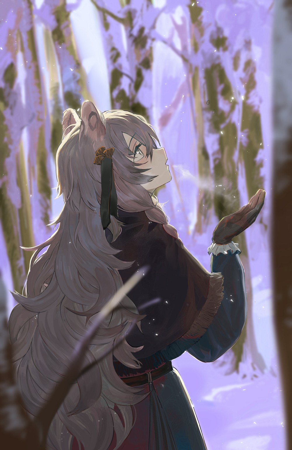 1girl animal_ears arknights bare_tree blue_coat blurry breath brown_gloves capelet coat cold cowboy_shot day depth_of_field gloves grey_eyes hair_ornament hair_ribbon highres koio leopard_ears long_hair looking_up outdoors parted_lips pramanix_(arknights) profile ribbon silver_hair snow solo tree