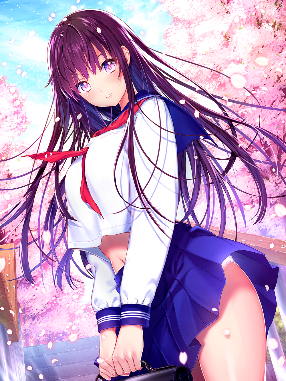 1girl bangs black_hair blouse blue_skirt blue_sky cherry_blossoms commentary day highres holding lavender_eyes long_hair long_skirt looking_at_viewer midriff miniskirt navel neckerchief original outdoors panties pantyshot pantyshot_(standing) parted_lips pleated_skirt red_neckwear school_briefcase school_uniform serafuku skirt sky smile solo stairs standing ukamaru underwear white_blouse white_panties wind