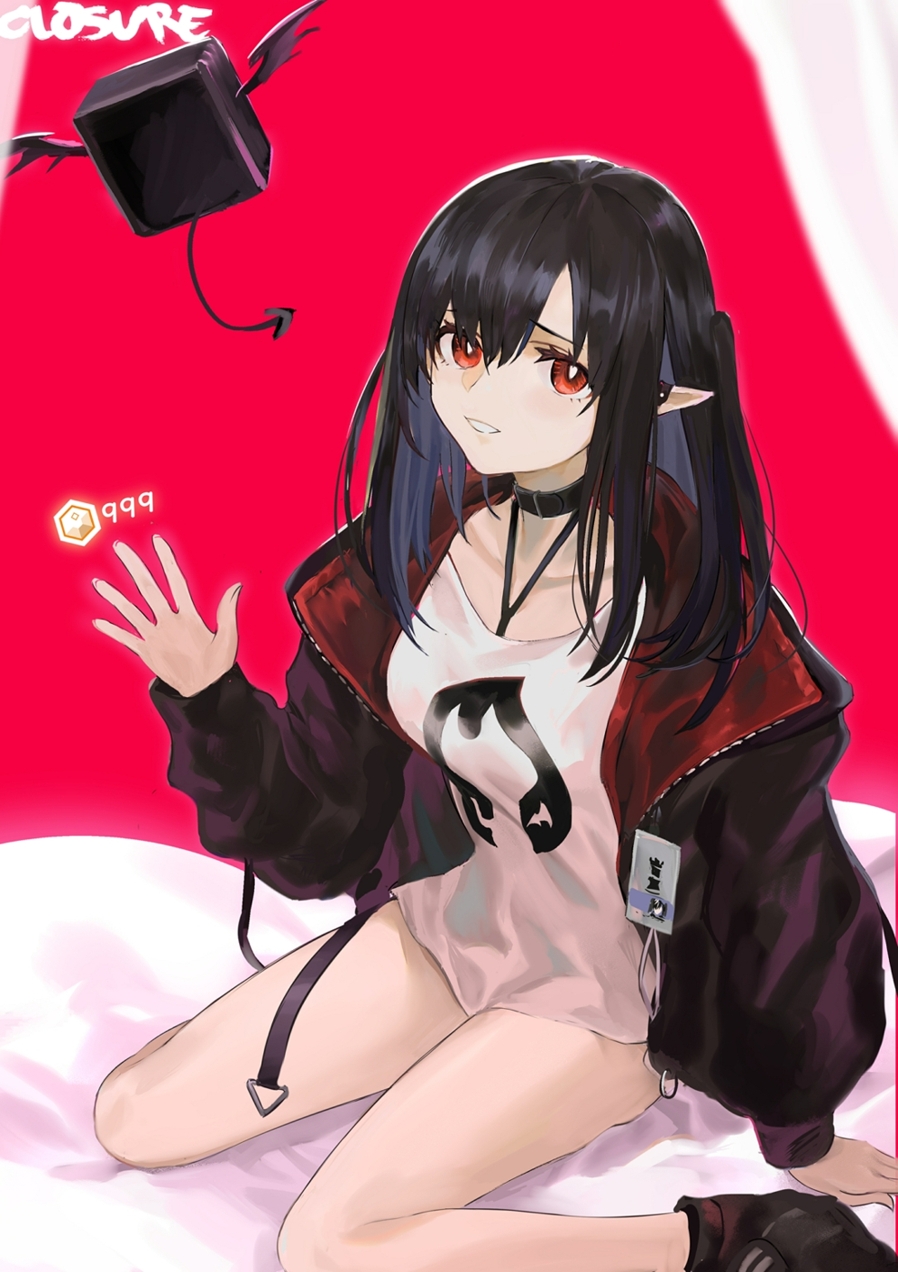 1girl arknights bare_legs bed_sheet black_footwear black_hair black_jacket bottomless breasts character_name choker closure_(arknights) demon_tail demon_wings familiar full_body hair_between_eyes highres jacket koio looking_at_viewer medium_breasts medium_hair parted_lips pointy_ears red_background red_eyes shirt shoes side_ponytail simple_background sitting smile solo straight_hair tail thighs wariza waving white_shirt wings