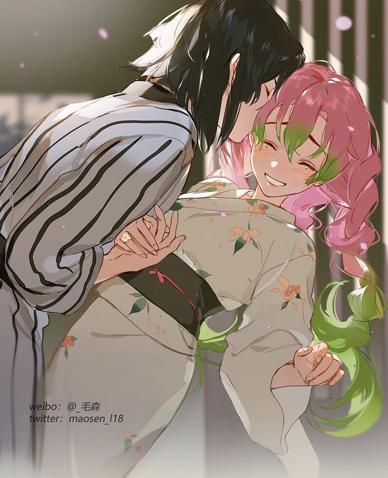 1boy 1girl ^_^ black_hair braid closed_eyes gradient_hair green_hair holding_hands iguro_obanai japanese_clothes kanroji_mitsuri kimetsu_no_yaiba kimono maosen mole mole_under_eye multicolored_hair obi pink_hair sash smile tri_braids yukata