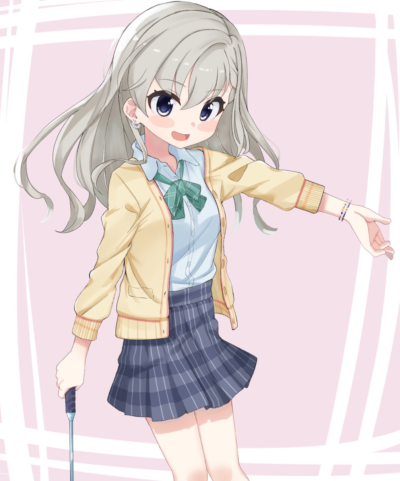 1girl :d blue_eyes blush_stickers bow bracelet brown_jacket collared_shirt commentary_request dress_shirt earrings green_bow grey_hair grey_skirt highres hisakawa_hayate holding idolmaster idolmaster_cinderella_girls idolmaster_cinderella_girls_starlight_stage jacket jewelry long_hair looking_at_viewer open_clothes open_jacket open_mouth outstretched_arm pink_background plaid plaid_skirt pleated_skirt school_uniform shirt shiwa_(siwaa0419) skirt smile solo two-tone_background white_background white_shirt