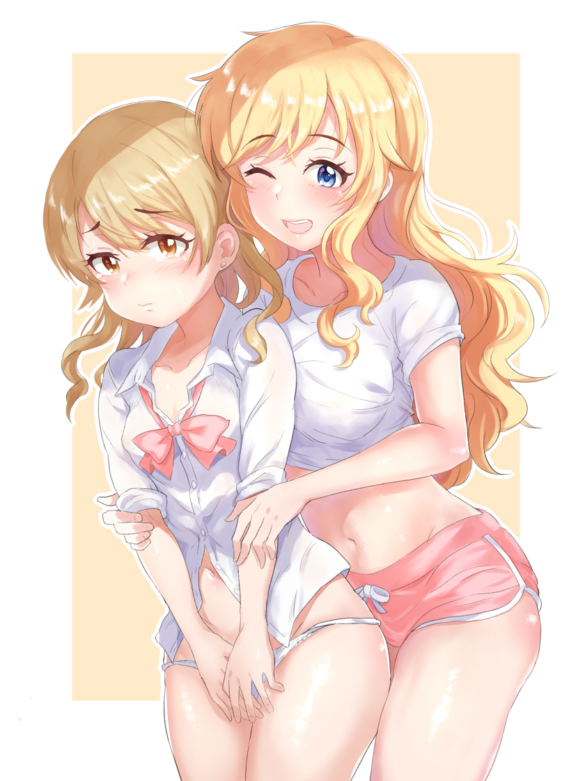 2girls bangs blonde_hair blue_eyes blush breasts brown_eyes collarbone commentary_request eyebrows_visible_through_hair genmon idolmaster idolmaster_cinderella_girls large_breasts long_hair looking_at_viewer morikubo_nono multiple_girls navel one_eye_closed ootsuki_yui open_mouth panties pink_shorts shirt short_shorts shorts sleeves_rolled_up small_breasts smile underwear upper_teeth wavy_hair white_panties white_shirt