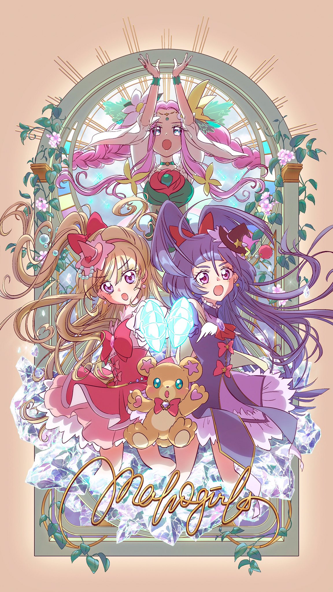 3girls arms_up asahina_mirai bangs black_headwear blonde_hair bow braid coat commentary_request copyright_name cure_felice cure_magical cure_miracle cursive dress earrings english_text eyebrows_visible_through_hair flower_in_eye frown green_coat green_dress green_eyes hair_bow hair_ornament hanami_kotoha hat head_chain highres holding holding_wand ivy izayoi_liko jewelry kuwabara_(mola_8) large_bow long_hair looking_at_viewer magical_girl mahou_girls_precure! mini_hat mini_witch_hat mofurun_(mahou_girls_precure!) multiple_girls open_mouth pink_dress pink_hair pink_headwear precure purple_dress purple_hair red_bow short_dress standing symbol_in_eye twin_braids twintails violet_eyes wand witch_hat