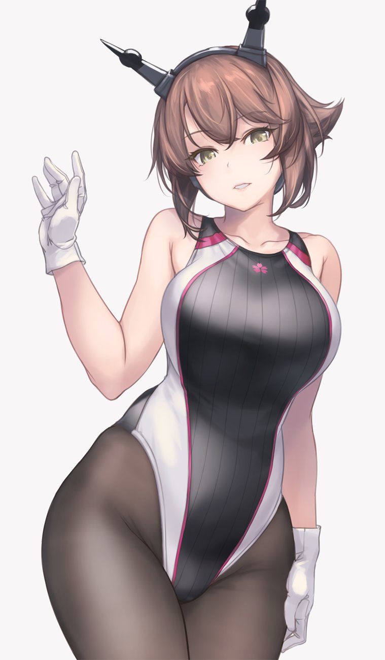 1girl alternate_costume arm_up bangs bare_shoulders black_swimsuit blush breasts brown_hair collarbone commentary_request competition_swimsuit cowboy_shot eyebrows_visible_through_hair flipped_hair gloves green_eyes groin hairband headgear highleg highleg_swimsuit highres kantai_collection large_breasts looking_at_viewer mutsu_(kantai_collection) one-piece_swimsuit pantyhose pantyhose_under_swimsuit parted_lips radio_antenna rokuwata_tomoe short_hair simple_background skindentation smile solo swimsuit thighs white_background white_gloves