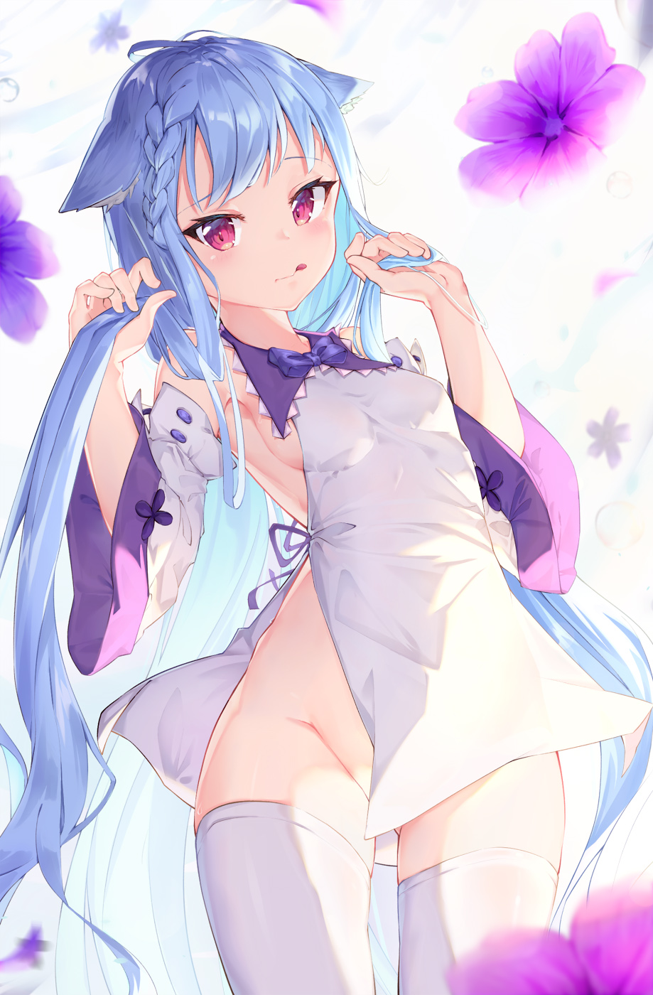 1girl animal_ears armpits ass_visible_through_thighs bare_shoulders blue_hair braid breasts cowboy_shot detached_sleeves dress floppy_ears flower groin highres long_hair long_sleeves looking_at_viewer mishuo_(misuo69421) no_panties original purple_flower red_eyes sideboob small_breasts solo thigh-highs tongue tongue_out very_long_hair white_dress white_legwear