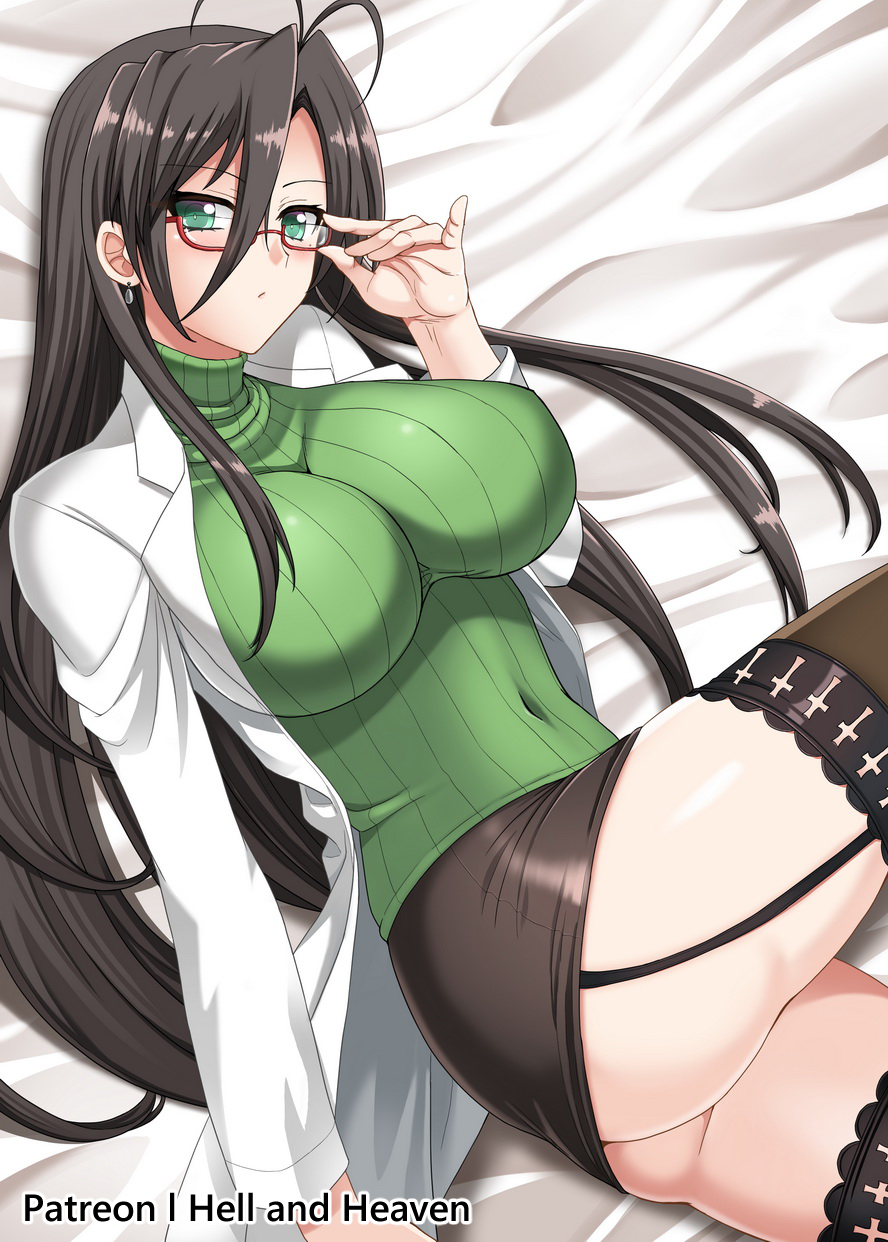 1girl antenna_hair ass black_skirt black_thighhighs blush breasts brown_hair covered_navel garter_straps glasses green_eyes hasegawa_chisato hellandheaven highres labcoat large_breasts long_hair looking_at_viewer ribbed_sweater shinmai_maou_no_testament skirt solo sweater thigh-highs thighs turtleneck