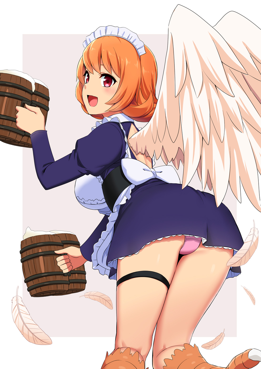 1girl apron arched_back bangs bird_legs black_legwear blue_dress blush bow breasts dress feathered_wings feathers flipped_hair frilled_apron frills from_behind hands_up harpy highres holding ishuzoku_reviewers juliet_sleeves large_breasts long_sleeves maid_headdress meidri mizinkoex monster_girl open_mouth orange_hair panties pink_panties puffy_sleeves red_eyes short_hair simple_background smile solo thigh_strap thighs underwear white_apron white_bow wings