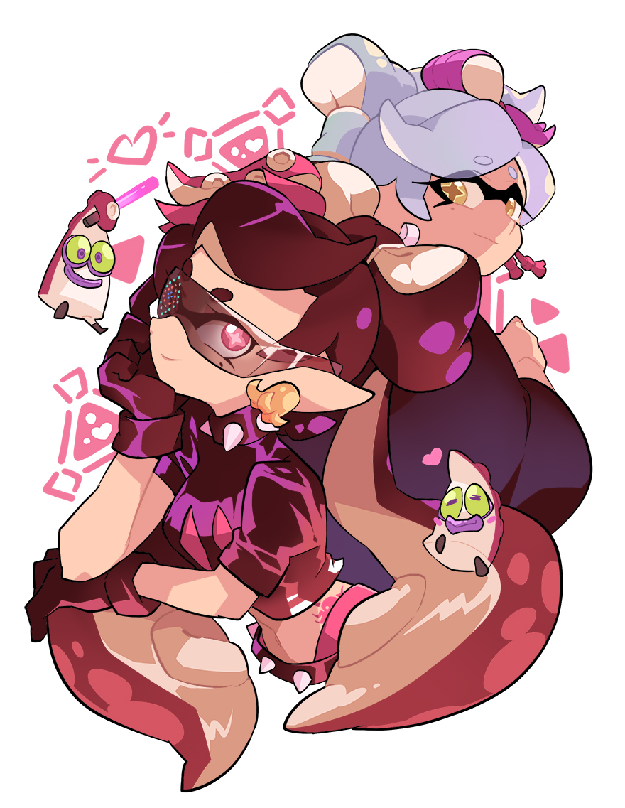 2girls alternate_eye_color aori_(splatoon) black_collar black_jacket brown_eyes chin_rest closed_mouth collar commentary cousins cropped_torso domino_mask earrings english_commentary eyebrows_visible_through_hair food food_on_face gradient_hair grey_hair haori heart hotaru_(splatoon) jacket japanese_clothes jewelry leaning_forward long_hair looking_at_viewer mask midriff mole mole_under_eye multicolored_hair multiple_girls octarian octotrooper pointy_ears red_eyes redhead short_hair short_sleeves smile spiked_collar spikes splatoon_(series) splatoon_2 stomach_tattoo sunglasses sushi tako-san_wiener tattoo tentacle_hair tied_hair white_background wong_ying_chee