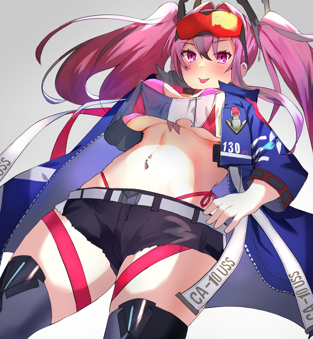 1girl :p aa44 azur_lane bangs belt bikini bikini_under_clothes black_shorts blue_jacket blue_legwear blush breasts bremerton_(azur_lane) commentary cowboy_shot crop_top crop_top_overhang cropped_jacket cutoffs ear_piercing eyebrows_visible_through_hair eyewear_on_head front-tie_bikini front-tie_top goggles goggles_on_head grey_background grey_belt grey_hair hair_between_eyes hair_intakes hair_ornament hand_on_hip jacket large_breasts long_hair long_sleeves looking_at_viewer midriff multicolored_hair navel navel_piercing number open_clothes open_jacket piercing pink_bikini pink_eyes pink_hair red-tinted_eyewear shirt short_shorts shorts side-tie_bikini sidelocks simple_background smile snap-fit_buckle solo standing streaked_hair sunglasses swimsuit thigh-highs thigh_strap tongue tongue_out twintails two-tone_hair under_boob