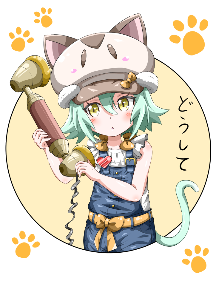 1girl animal_hat blouse cacao_(nekopara) cat_hat circle corded_phone cowboy_shot denwa_neko eggman_(pixiv28975023) green_hair hat leaning_to_the_side nekopara overall_shorts paw_print phone short_hair solo white_background white_blouse yellow_eyes