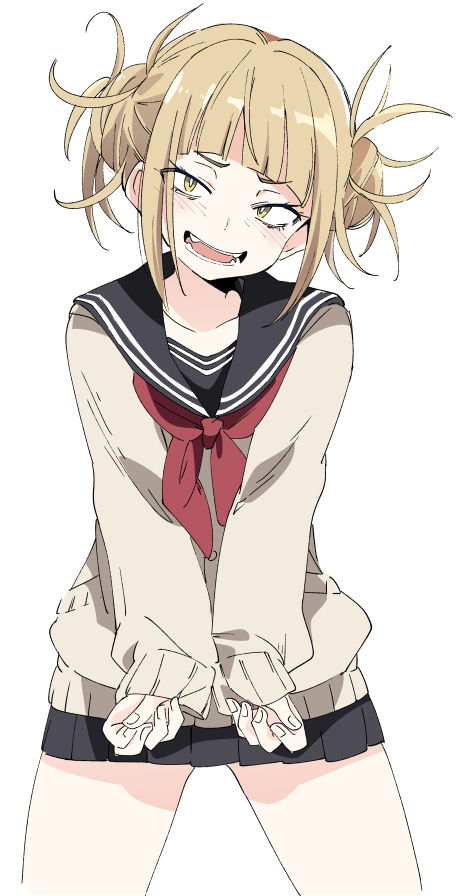 1girl bangs black_sailor_collar black_skirt blonde_hair blunt_bangs blush boku_no_hero_academia double_bun ixy long_sleeves open_mouth red_neckwear sailor_collar school_uniform serafuku short_hair simple_background skirt solo teeth toga_himiko white_background yellow_eyes