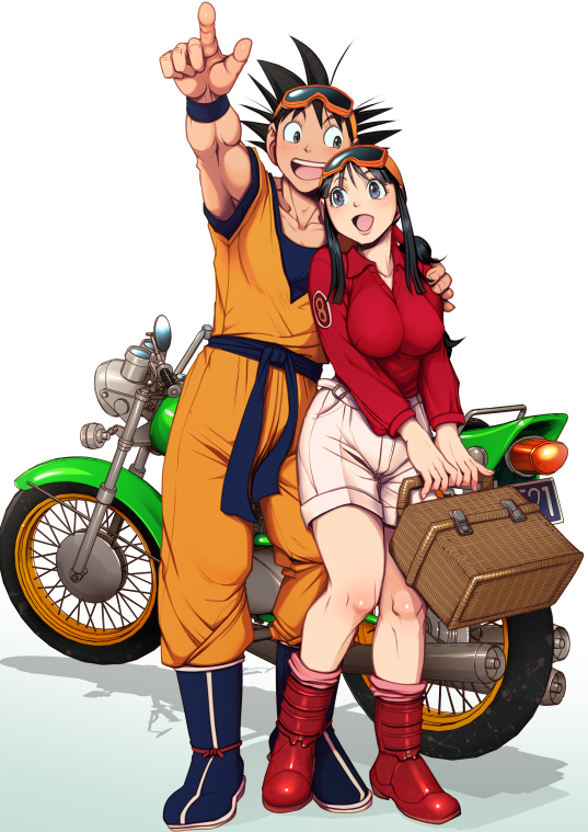 1boy 1girl black_hair boots breasts chi-chi_(dragon_ball) dougi dragon_ball dragon_ball_(classic) harumaki long_hair muscle open_mouth short_hair smile son_gokuu spiky_hair wristband