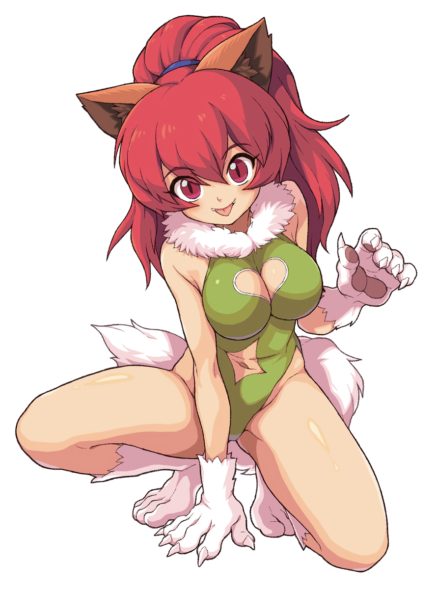 1girl animal_ears cat_ears cat_tail claws cleavage_cutout eyebrows_visible_through_hair fangs full_body fur green_leotard highleg highres leotard long_hair looking_at_viewer navel navel_cutout perisie_(star_ocean) pink_eyes pink_hair simple_background slit_pupils solo squatting star_ocean star_ocean_first_departure tail tongue tongue_out white_background