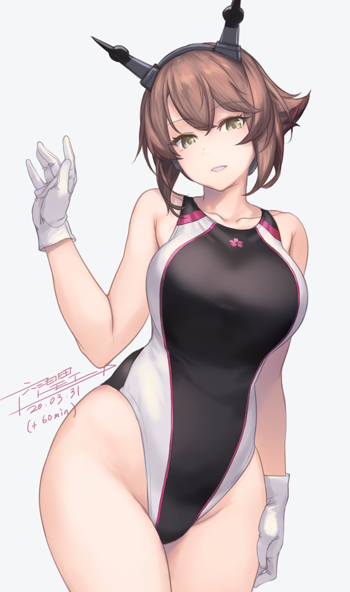 1girl alternate_costume arm_up bangs bare_shoulders black_swimsuit blush breasts brown_hair collarbone commentary_request competition_swimsuit cowboy_shot dated eyebrows_visible_through_hair flipped_hair gloves green_eyes groin hairband headgear highleg highleg_swimsuit highres kantai_collection large_breasts looking_at_viewer mutsu_(kantai_collection) one-piece_swimsuit parted_lips radio_antenna rokuwata_tomoe short_hair signature simple_background skindentation smile solo swimsuit thighs white_background white_gloves