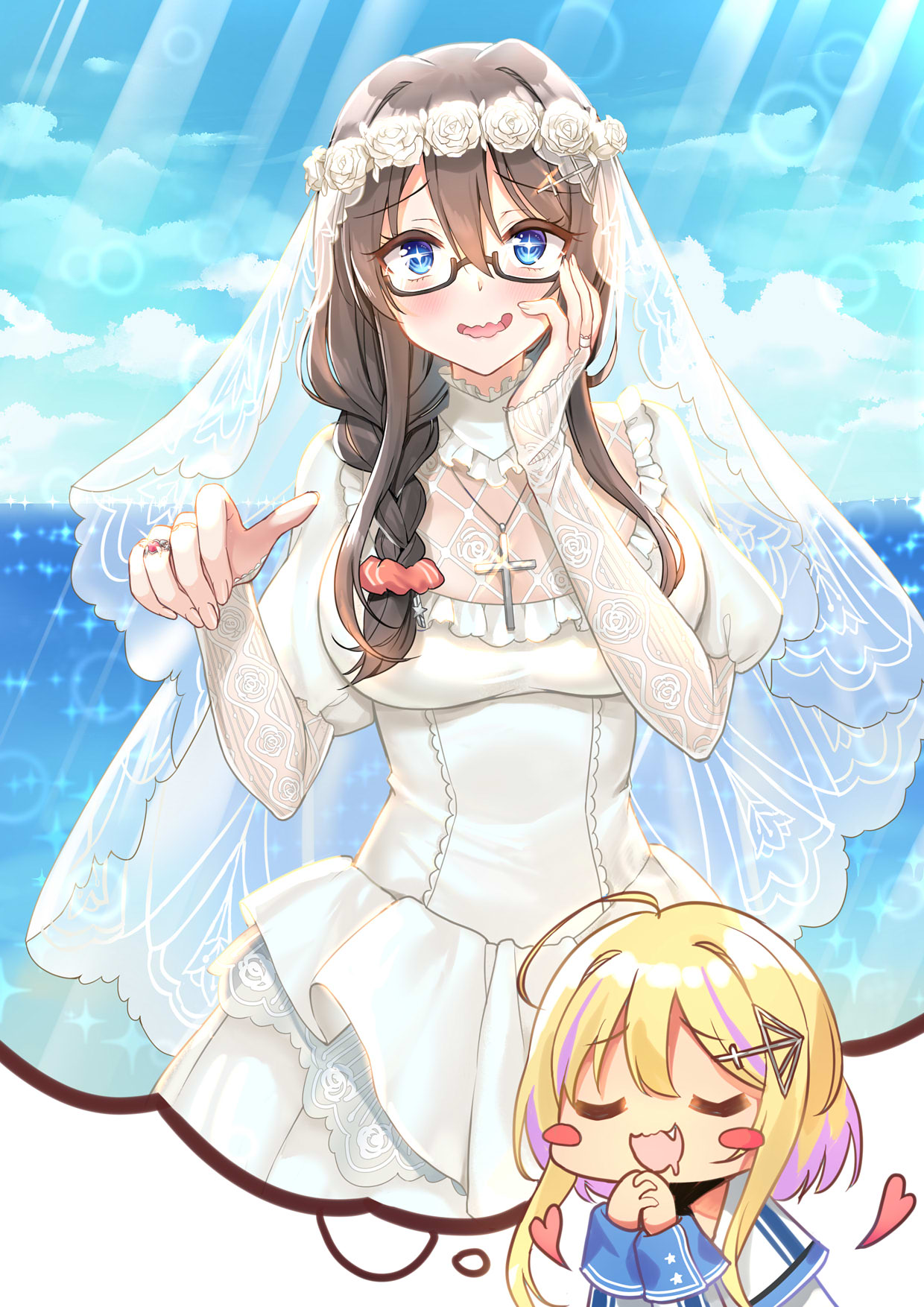 1girl april_fools azur_lane blue_eyes braid breasts bridal_gauntlets bridal_veil cross cross_necklace dreaming dress glasses highres jewelry large_breasts long_hair marblehead_(azur_lane) necklace ring silver15 single_braid veil wedding_dress wedding_ring