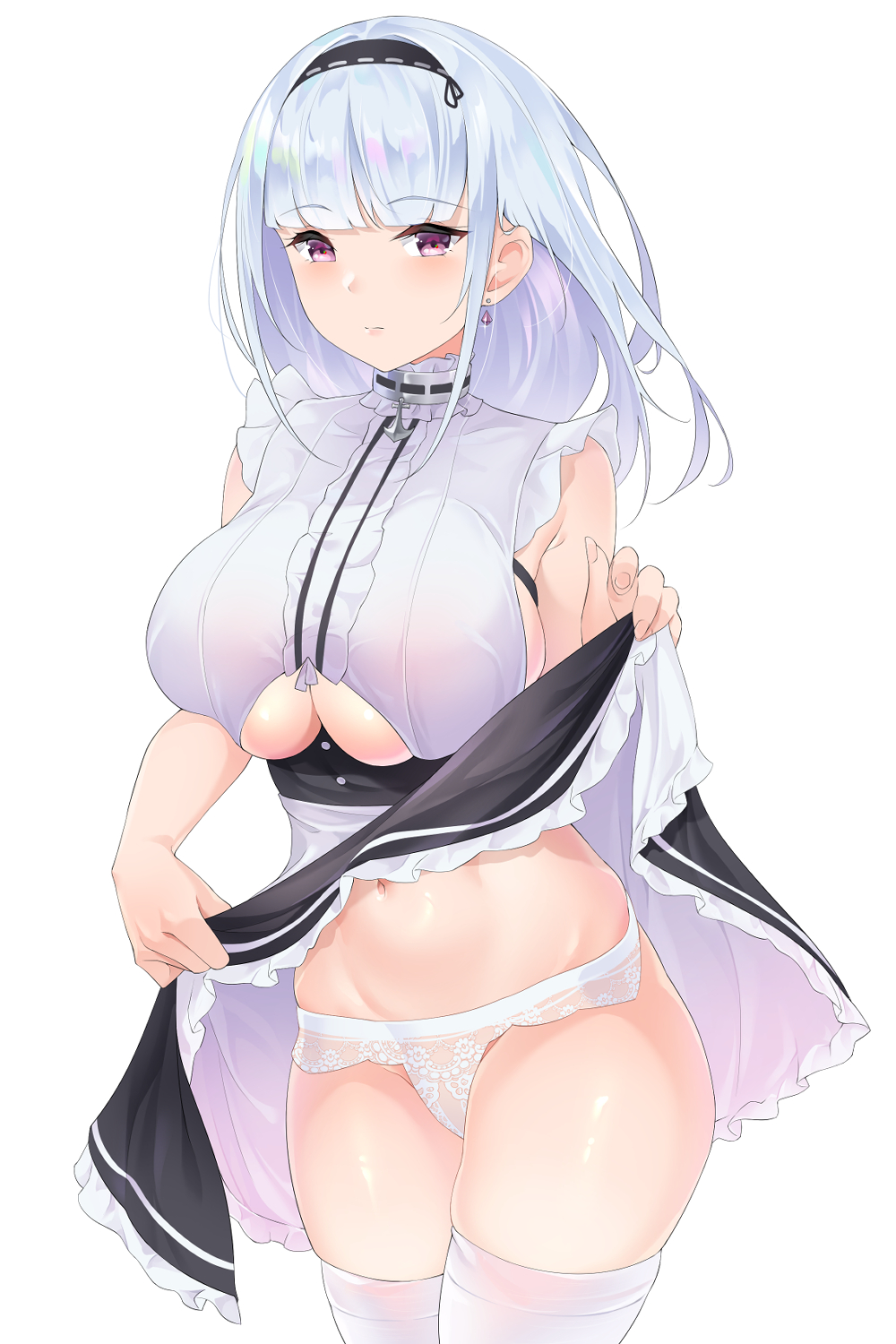 1girl apron azur_lane bare_shoulders black_hairband blush breasts clark_(159123) cleavage_cutout dido_(azur_lane) eyebrows_visible_through_hair frills hairband highres large_breasts lifted_by_self long_hair looking_at_viewer maid navel panties silver_hair sleeveless solo thigh-highs under_boob underboob_cutout underwear violet_eyes waist_apron white_apron white_hair white_legwear white_panties
