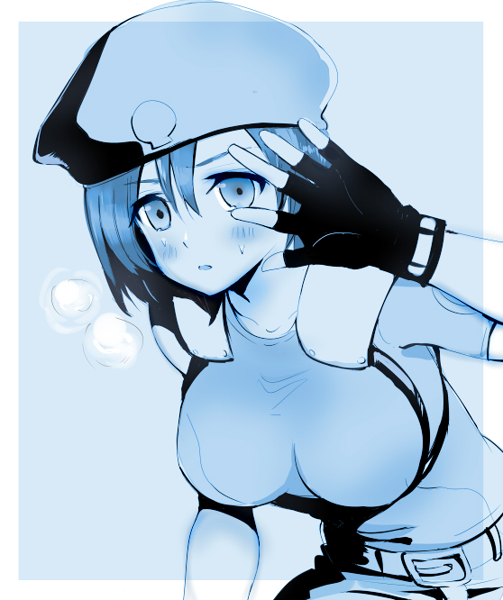 1girl blush breasts fingerless_gloves gloves hat jill_valentine looking_at_viewer medium_breasts nagare open_mouth resident_evil resident_evil_1 short_hair