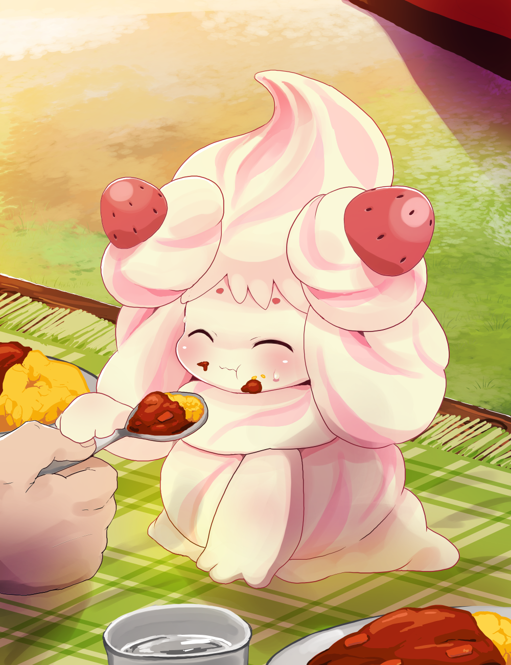 ^_^ alcremie closed_eyes creature curry curry_rice dagashi_(daga2626) eating feeding food fruit gen_8_pokemon highres holding holding_spoon pokemon pokemon_(creature) rice solo_focus spoon strawberry