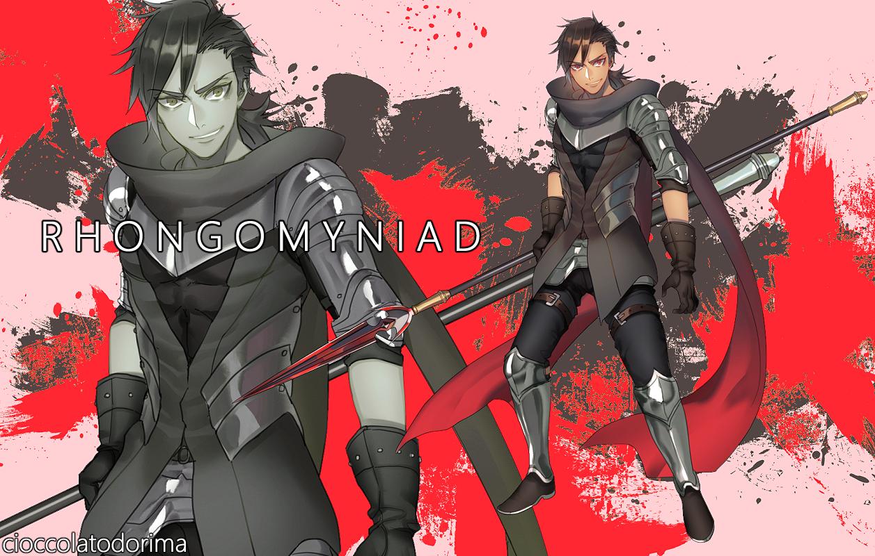 1boy armored_boots artist_name black_gloves black_hair boots character_name gloves lance male_focus original personification polearm ponytail red_background red_eyes rhongomyniad rosel-d solo touken_ranbu weapon