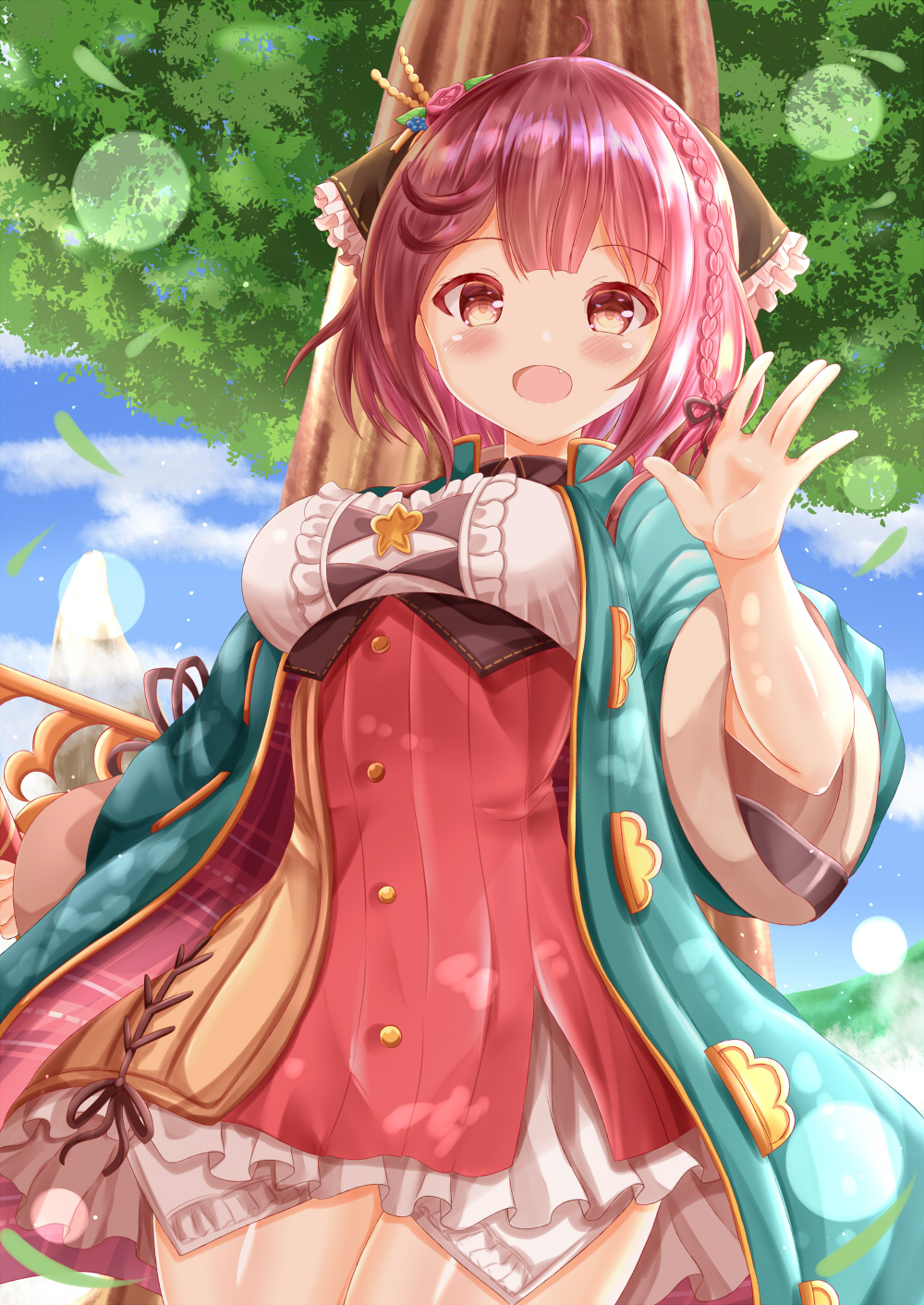 1girl :d atelier_(series) atelier_sophie bangs blue_jacket blue_sky blush braid breasts brown_eyes center_frills clouds commentary_request day eyebrows_visible_through_hair frills hand_up head_scarf high-waist_skirt highres jacket long_sleeves medium_breasts open_clothes open_jacket outdoors purple_hair red_skirt shirt skirt sky smile solo sophie_neuenmuller star_(symbol) tree white_shirt zenon_(for_achieve)