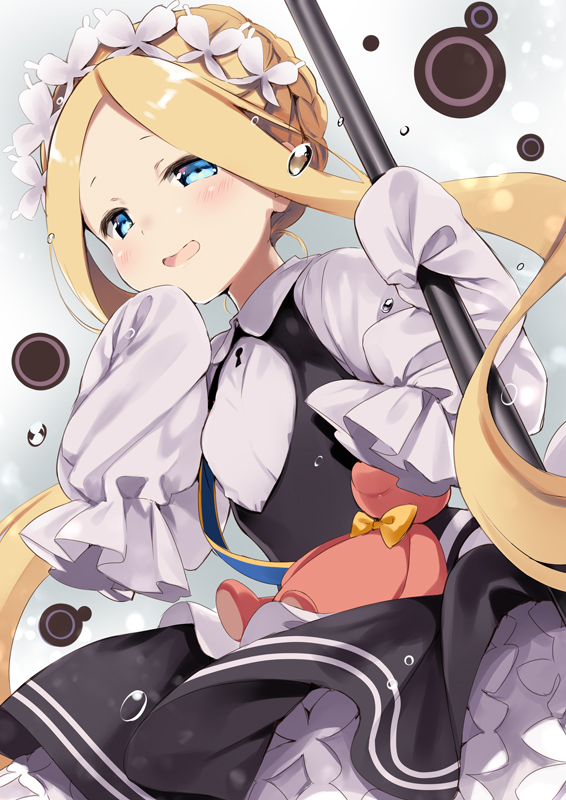 1girl abigail_williams_(fate/grand_order) bangs black_dress blonde_hair blue_eyes blush braid butterfly_hair_ornament collared_shirt dress fate/grand_order fate_(series) forehead hair_ornament hand_up heroic_spirit_festival_outfit holding keyhole long_hair long_sleeves looking_away maid maid_headdress natsume_eri open_mouth parted_bangs shirt sidelocks sleeveless sleeveless_dress sleeves_past_fingers sleeves_past_wrists smile solo stuffed_animal stuffed_toy teddy_bear very_long_hair white_shirt