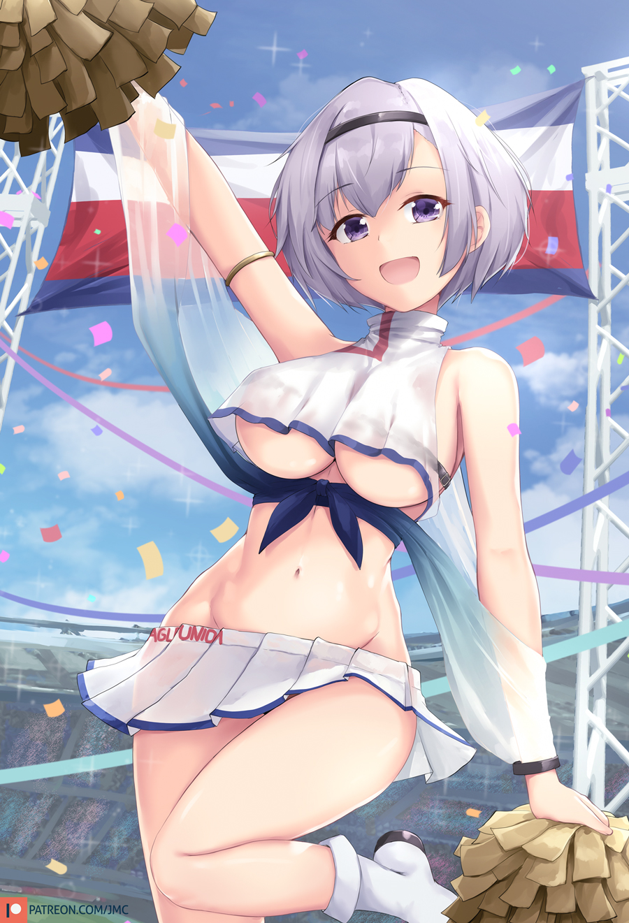 1girl :d arm_up armlet azur_lane bare_shoulders boots breasts cheerleader commentary crop_top crop_top_overhang grey_hair groin hairband highres holding_pom_poms joko_jmc large_breasts leg_up looking_at_viewer midriff miniskirt navel open_mouth pleated_skirt reno_(azur_lane) reno_(biggest_little_cheerleader)_(azur_lane) see-through shirt short_hair skirt sleeveless sleeveless_shirt smile solo stomach thighs under_boob violet_eyes white_shirt white_skirt