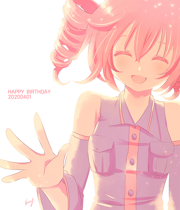 1girl 2020 backlighting bare_shoulders black_shirt black_sleeves breast_pocket closed_eyes commentary dated detached_sleeves drill_hair facing_viewer happy_birthday kasane_teto np_eny open_mouth outstretched_hand pocket redhead shirt short_hair signature smile solo twin_drills utau waving white_background
