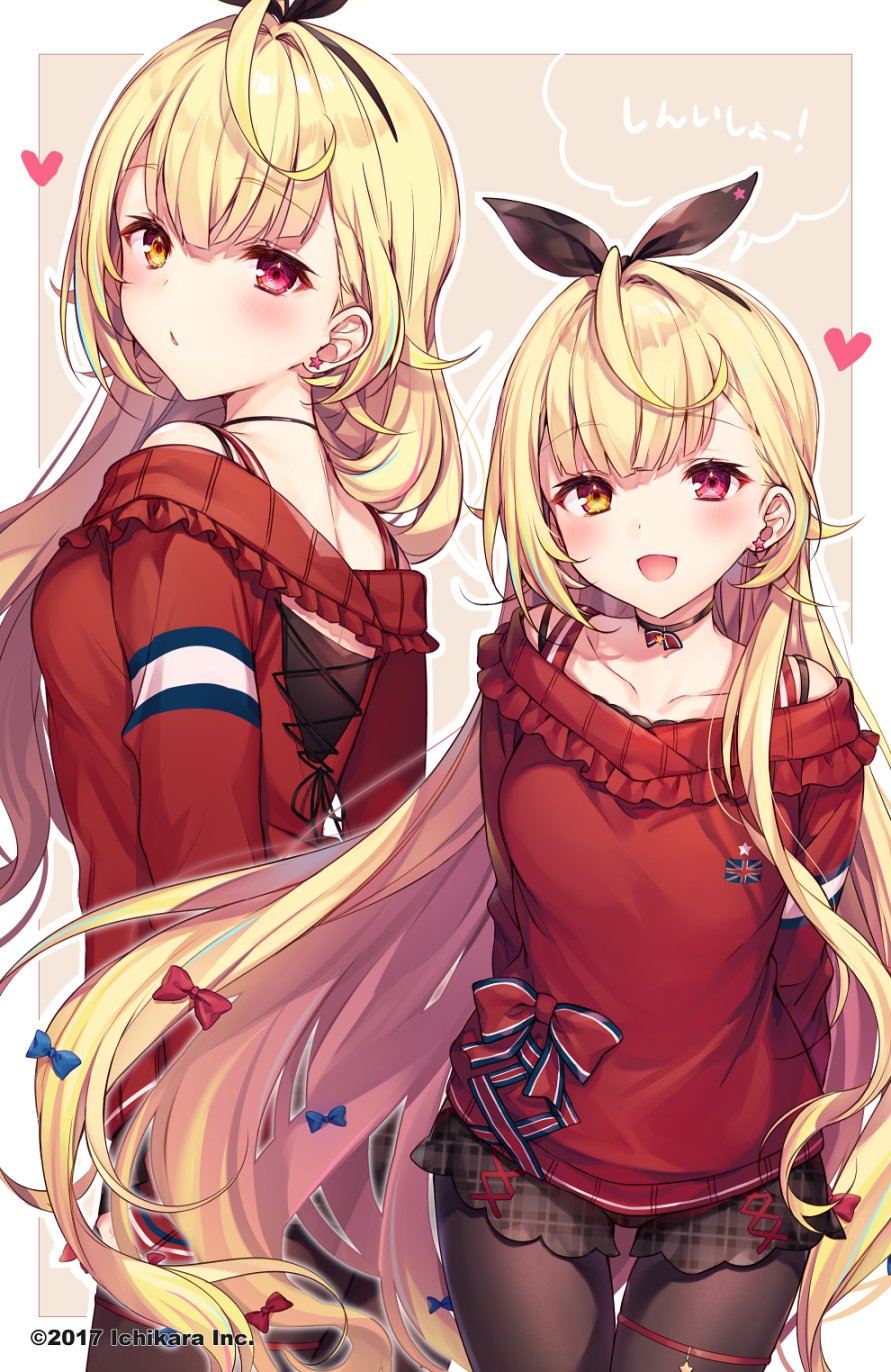 1girl :d bangs blonde_hair casual choker collar earrings eyebrows_visible_through_hair frilled_shorts frills hair_down hair_ribbon heart highres hoshikawa_sara jewelry komeshiro_kasu legwear_under_shorts long_hair nijisanji open_mouth orange_eyes pantyhose pink_eyes red_sweater ribbon shorts smile solo star star_earrings sweater thigh_gap union_jack virtual_youtuber