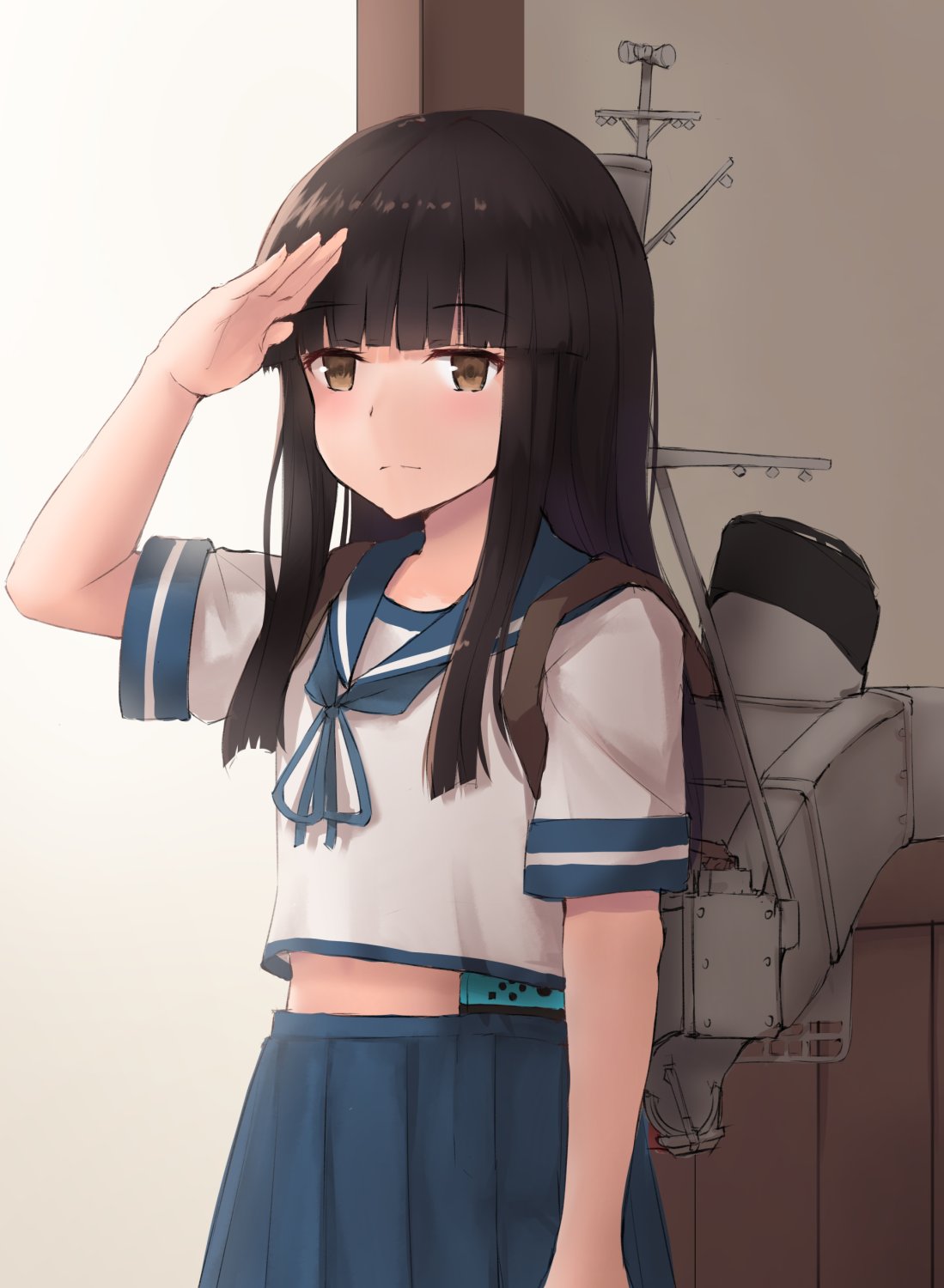 1girl bangs black_hair blue_sailor_collar blue_skirt blunt_bangs blush brown_eyes eyebrows_visible_through_hair handheld_game_console hatsuyuki_(kantai_collection) highres hime_cut k_jie kantai_collection long_hair machinery nintendo nintendo_switch pleated_skirt sailor_collar salute school_uniform serafuku short_sleeves skirt smokestack solo upper_body