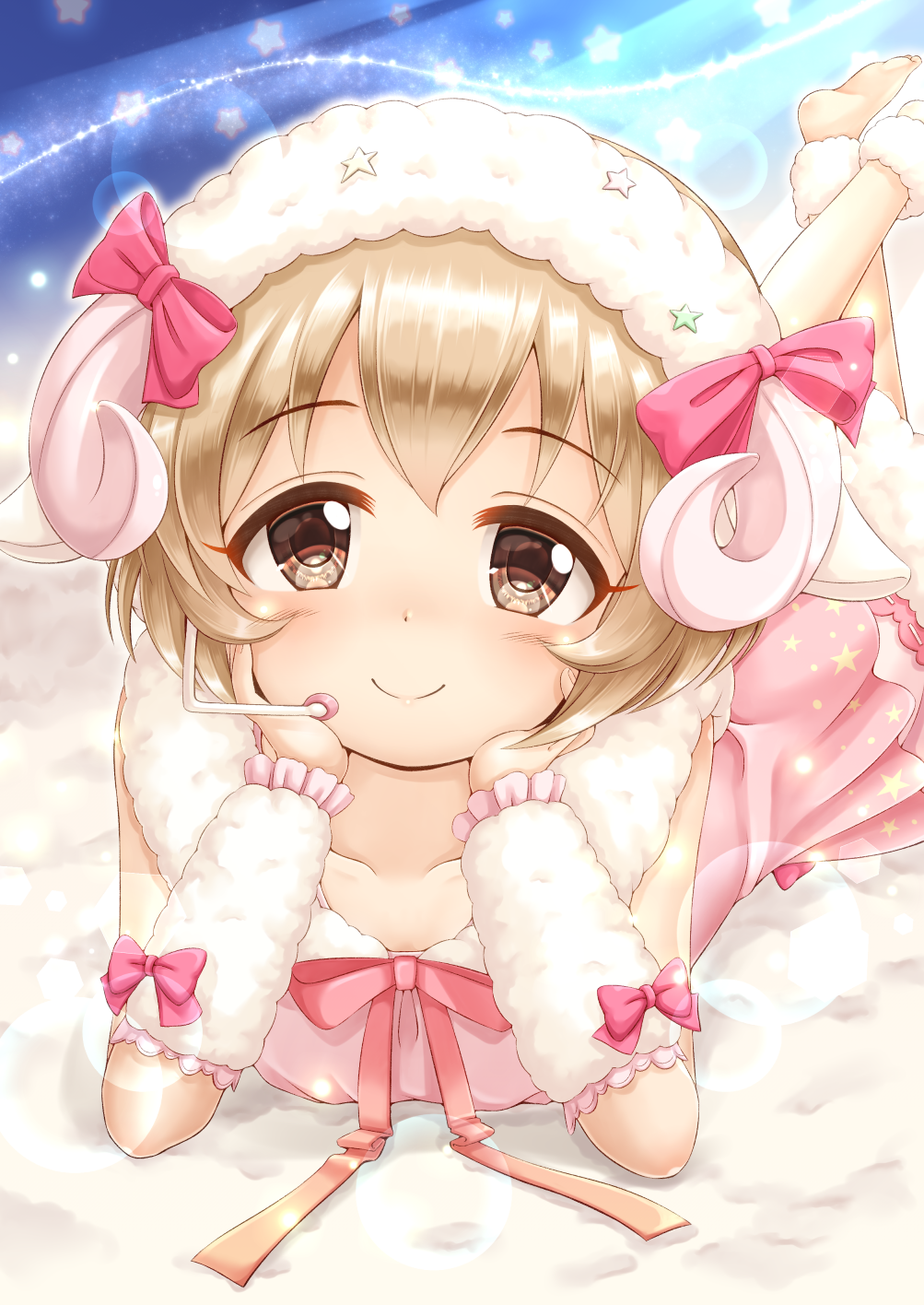 1girl bangs barefoot blush bow brown_eyes brown_hair brown_headwear closed_mouth collarbone commentary_request curled_horns dress eyebrows_visible_through_hair fake_horns fur-trimmed_headwear fur_trim hat headset highres horns idolmaster idolmaster_cinderella_girls koga_koharu legs_up looking_at_viewer lying on_stomach pink_bow pink_dress regular_mow sheep_horns sleeveless sleeveless_dress smile solo star