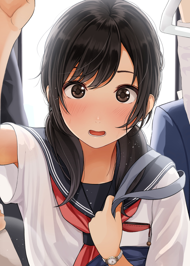 1girl arm_up bag bangs black_hair black_sailor_collar blush brown_eyes cellphone cellphone_charm commentary_request eyebrows_behind_hair hair_over_shoulder holding_strap kentaurosu long_hair looking_at_viewer low_twintails open_mouth original phone red_neckwear sailor_collar school_bag school_uniform serafuku shirt short_sleeves smartphone_case solo_focus twintails upper_body white_shirt