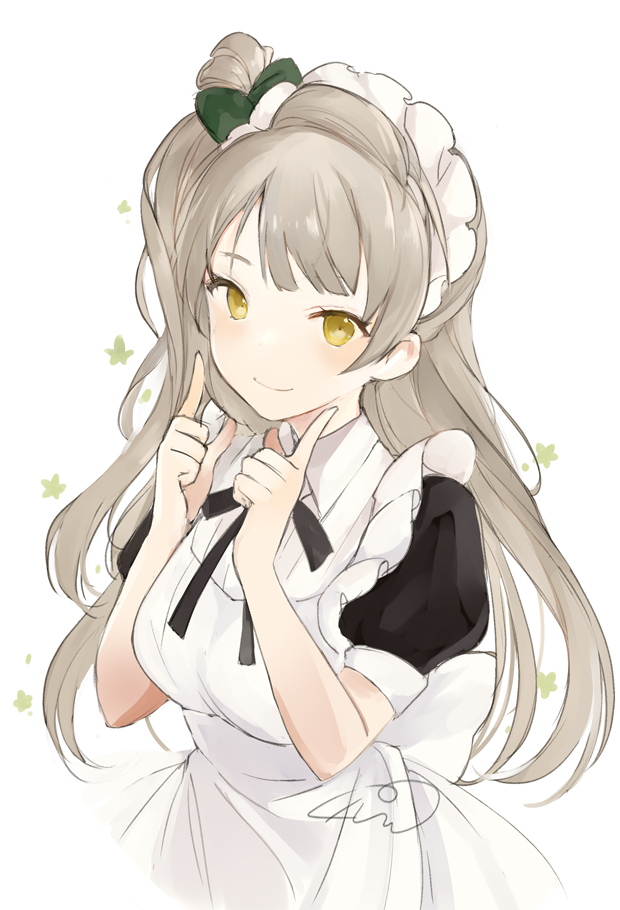 1girl alternate_costume apron bangs black_neckwear black_ribbon blush bow breasts closed_mouth commentary enmaided green_bow hair_bow index_finger_raised long_hair love_live! love_live!_school_idol_project lpip maid maid_headdress medium_breasts minami_kotori neck_ribbon one_side_up puffy_short_sleeves puffy_sleeves ribbon short_sleeves signature silver_hair simple_background smile solo star symbol_commentary upper_body very_long_hair white_apron white_background yellow_eyes