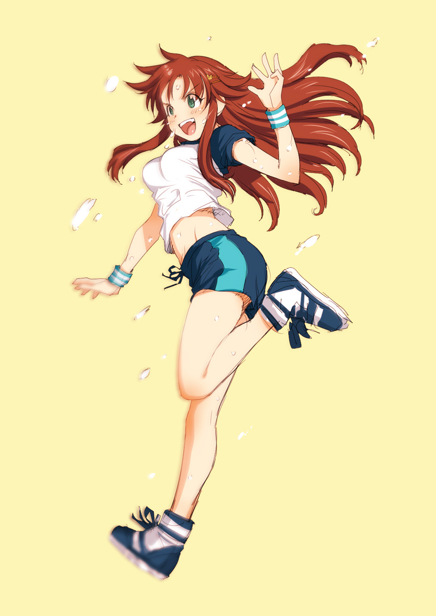 1girl :d action bangs blue_footwear blue_shorts blurry breasts brown_hair drawstring green_eyes hair_ornament hairclip highres himekawa_yuki idolmaster idolmaster_cinderella_girls leg_up long_hair looking_to_the_side medium_breasts midriff open_mouth raglan_sleeves sakaki_imasato shirt shoes short_shorts shorts sketch smile solo standing standing_on_one_leg sweat t-shirt white_shirt wristband yellow_background