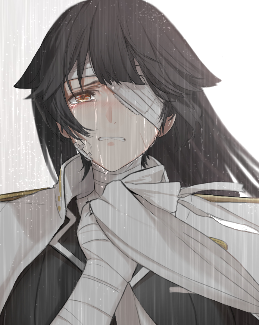1944 1girl azur_lane bandage_over_one_eye black_hair black_jacket blush brown_eyes clenched_teeth commentary crying crying_with_eyes_open dishwasher1910 english_commentary half-closed_eye hand_up jacket jacket_on_shoulders letterboxed long_hair looking_at_viewer rain solo takao_(azur_lane) tears teeth upper_body white_jacket