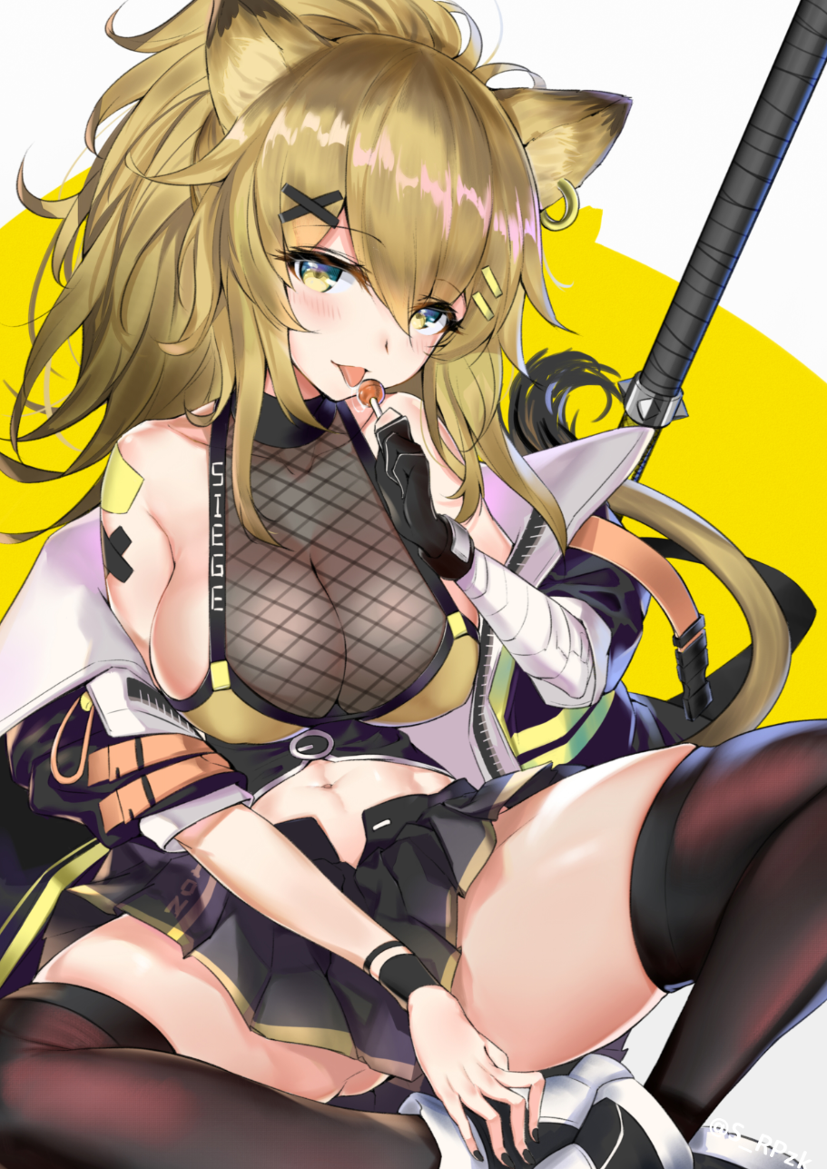 1girl :p animal_ears arknights ass_visible_through_thighs bandaged_arm bandages bangs bare_shoulders black_choker black_gloves black_jacket black_legwear black_nails black_skirt blonde_hair blush breasts candy character_name choker clothes_writing collarbone commentary_request earrings eyebrows_visible_through_hair fishnets food gloves hair_between_eyes hair_ornament hairclip hand_up head_tilt highres holding holding_food indian_style jacket jewelry kakeru_(kakeru) large_breasts lion_ears lion_tail lollipop long_hair looking_at_viewer miniskirt nail_polish navel off_shoulder open_clothes open_jacket partial_commentary pleated_skirt ponytail revision see-through siege_(arknights) sitting skindentation skirt smile solo tail thigh-highs thighs tongue tongue_out weapon wristband x_hair_ornament yellow_eyes