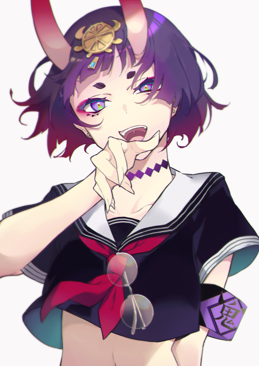 1girl :d armband black_shirt collarbone commentary_request earrings eyewear_hang eyewear_removed fate/grand_order fate_(series) fujikiri_yana glasses hand_up headpiece highres horns jewelry looking_at_viewer navel neckerchief oni oni_horns open_mouth purple_hair red_neckwear sailor_collar school_uniform serafuku shirt short_eyebrows short_hair short_sleeves shuten_douji_(fate/grand_order) simple_background smile solo stud_earrings thick_eyebrows upper_body violet_eyes white_background white_sailor_collar