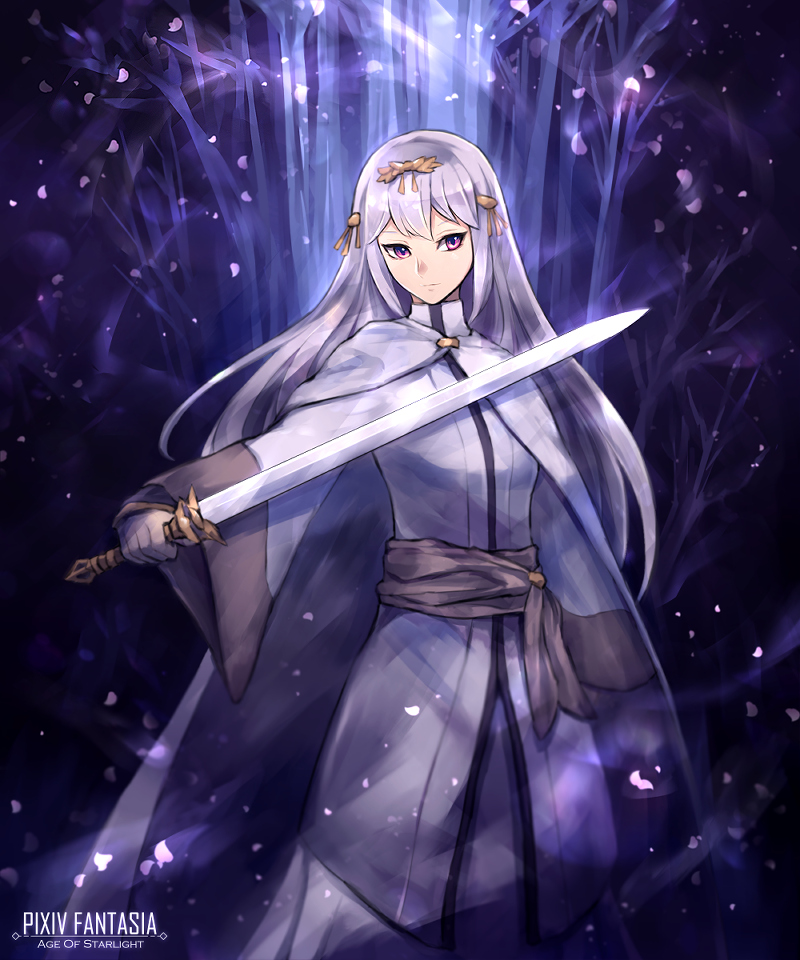 1girl cape copyright_name hair_ornament holding holding_sword holding_weapon long_hair long_sleeves masaki_(monster) outdoors pixiv_fantasia pixiv_fantasia_age_of_starlight purple_empress_ranrei silver_hair solo standing sword violet_eyes weapon white_cape wide_sleeves