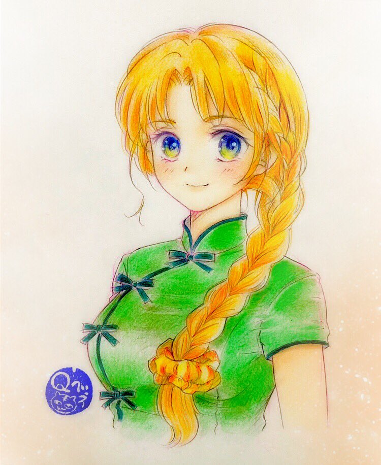 1girl alternate_hairstyle artist_logo bangs braid chinese_clothes closed_mouth colored_pencil_(medium) commentary cropped_torso eyebrows_visible_through_hair green_eyes green_shirt hair_over_shoulder high_collar hong_meiling looking_at_viewer orange_hair parted_bangs q-bee_(aaru) shirt short_sleeves single_braid smile solo texture touhou traditional_media upper_body