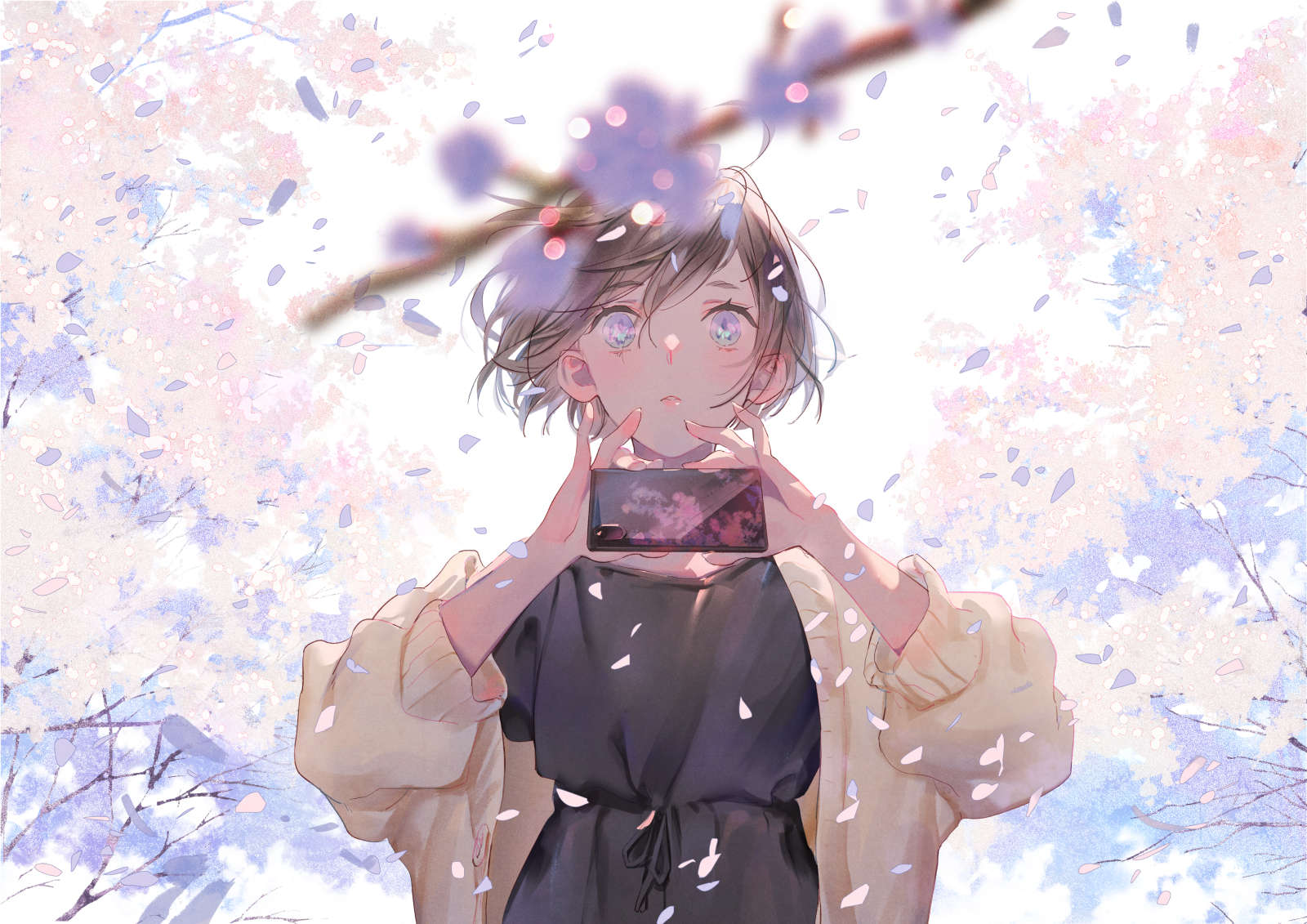 1girl bangs black_dress blue_eyes brown_hair cardigan cellphone cellphone_camera cherry_blossoms day dress highres looking_at_viewer ojyou original outdoors petals phone short_hair solo upper_body wind