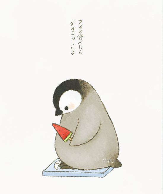 ayu_(mog) baby_penguin bathroom_scale bird blush commentary emperor_penguin food from_side holding original penguin popsicle signature simple_background translated watermelon_bar weighing_scale weight_conscious white_background